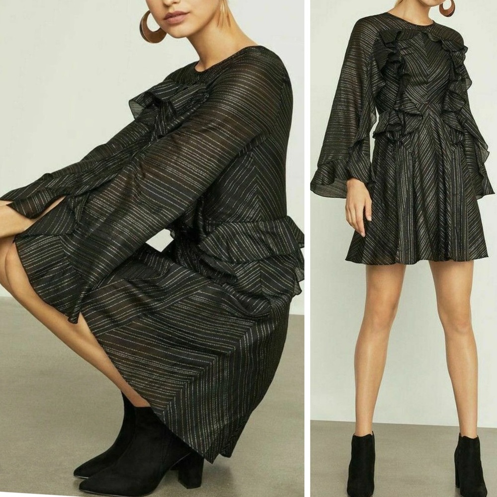 BCBGMaxazria Metallic Ruffled Detail Black Silver & Gold Cocktail Dress Large
